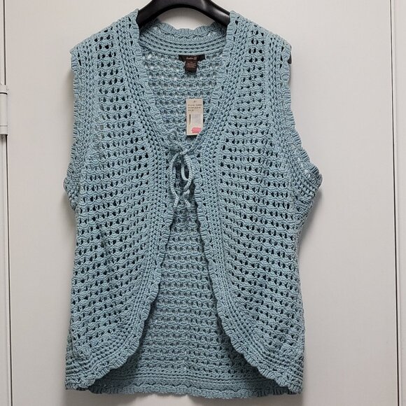 Vintage Heather B Womens Crochet Vest Cardigan 2X Plus Open Knit Tie Up Dillards - Picture 1 of 14